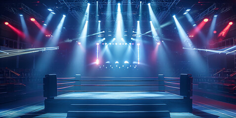 Aufkleber - Spotlights on the boxing ring with large video screen at the backdrop in the background, boxing ring. Generative AI.