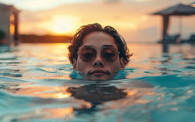 Wall Mural - A man is swimming in a pool wearing sunglasses. The water is blue and the sky is orange