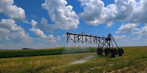 Wall Mural - Automated pivot sprinkler system waters crops in sunny agricultural fields. Concept Agricultural Irrigation, Automated Sprinkler System, Crop Watering, Sunny Fields, Precision Farming