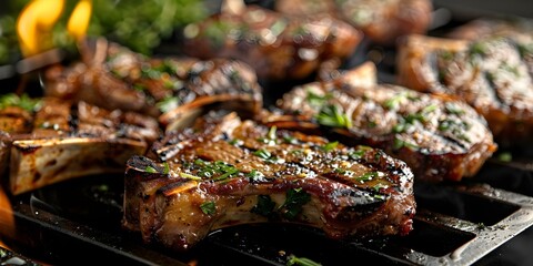 Canvas Print - Savor charred lamb chops with aromatic herbs evoking Mediterranean flavors over flames. Concept Grilled Lamb Chops, Mediterranean Cuisine, Aromatic Herbs, Flame-Grilled Delights