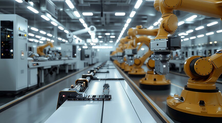 Poster - A modern, high-tech factory floor with robotic arms and AI components. Generative AI.