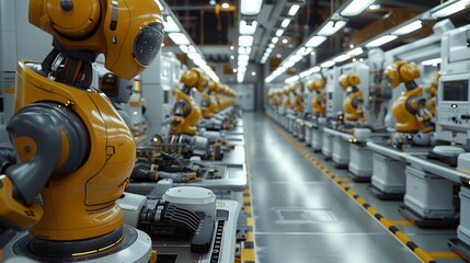 Poster - A modern, high-tech factory floor with robotic arms and AI components. Generative AI.