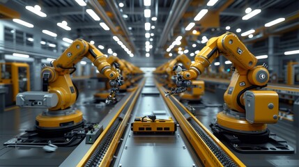 Poster - A modern, high-tech factory floor with robotic arms and AI components. Generative AI.