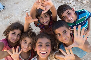 Group of happy children making a frame with their hands at the beach