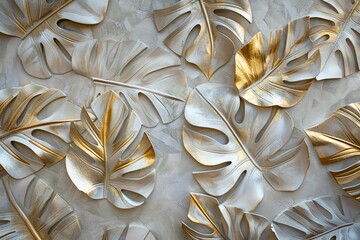 Wall Mural - Artistic stucco work of tropical leaves arranged in a flowing pattern, creating a sense of movement and natural beauty.