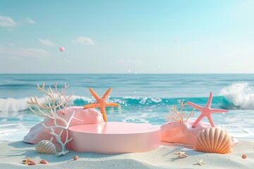 Canvas Print - Beach-Themed 3D Product Display for Summer Sale: A 3D-rendered scene depicting a stylish podium set on a beach, designed for a