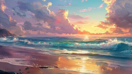 Canvas Print - Beautiful coastal scene with a sandy beach, gentle waves, and vibrant sunset colors, evoking relaxation and travel