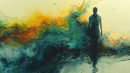 Wall Mural - A Figure Walking Through Abstract Swirls of Color