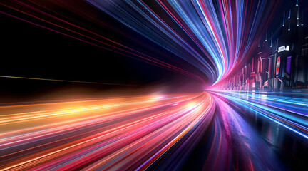 Leinwandbilder - Black background, abstract light speed, Colorful smooth lines, curves, sense of speed, radiance, technology city. Generative AI.