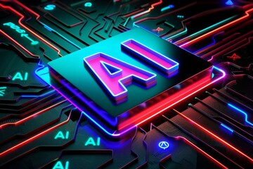 Wall Mural - Neon AI sign with glowing circuits, high tech illustration of artificial intelligence, vibrant and detailed design, futuristic concept