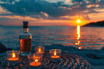 Wall Mural - A bottle of whiskey and a glass on the table with candles against the background of a sunset by the sea. The concept of drinking scotch or other alcohol in the summer time in the style of by sea. 