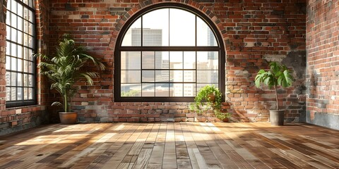 Wall Mural - Empty Room Mockup with Arched Window, Shiplap Flooring, and Brick Wall. Concept Shiplap Flooring, Brick Wall, Arched Window, Empty Room Mockup