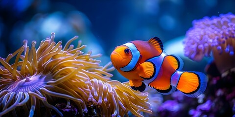Photo of clownfish and anemone highlighting symbiotic relationships in coral reefs. Concept Coral Reef Ecosystem, Symbiotic Relationships, Clownfish and Anemone, Underwater Photography