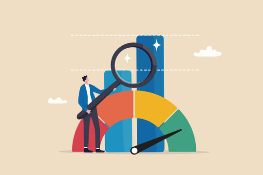 Benchmark performance or KPI key performance indicator, metrics or measurement to measure success, result evaluation, analysis or comparison concept, businessman magnify benchmark metric graph scale.