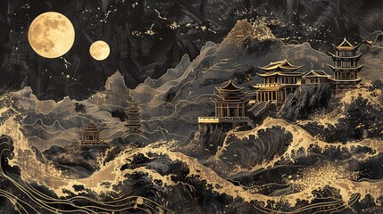 A black and gold ink painting inthe style of James Jane, the a group of ancient Chinese buildings