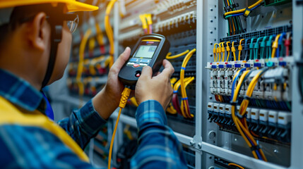 Electricity and electrical maintenance service, Engineer hand holding AC voltmeter checking electric current voltage at circuit breaker terminal and cable wiring main power distribution board.