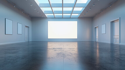 Wall Mural - Modern gallery with blank posters on the walls, glossy floor, and skylight background. Concept of interior design and contemporary art exhibit.  Generative AI