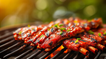 Wall Mural - Close-up of grilled barbecue ribs with chives on a grill, blurred background, succulent meat.  Generative AI