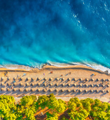 Wall Mural - aerial view on the beach and umbrellas. vacation and adventure. beach and blue water. top view from 