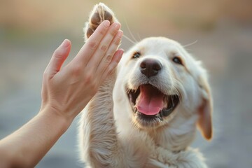 Wall Mural - Funny dog doing high five with the owner. ai generated