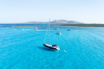 Wall Mural - summertime vacation. drone view on the yacht. sail yacht on the sea as a background. .sea and waves 