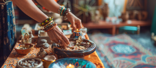 Poster - a detailed image of a person setting up a personal altar with items from various faiths and personal significance, creating a daily ritual space for reflection and prayer, rituals,