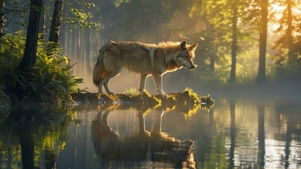 Wall Mural - Lone wolf by a reflective lake surrounded by dense forest trees
