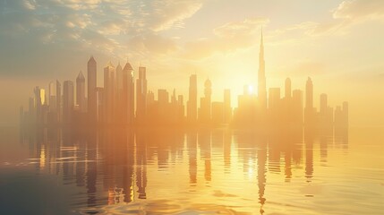 A 3D conceptual background of Dubai city, featuring the stunning city center skyline with luxury skyscrapers at sunrise in the United Arab Emirates.