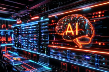 Wall Mural - Neon AI brain with circuits in high tech data center, vibrant colors, futuristic digital illustration, cyber technology concept