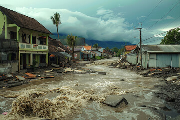 Wall Mural - Generative ai on theme of city destroyed street flooded after massive floods and natural big rains