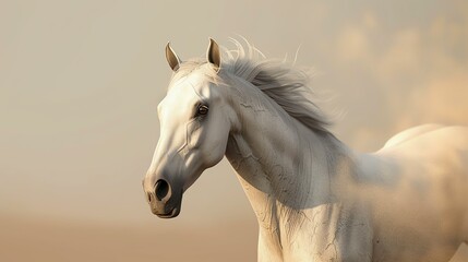 A beautiful white horse with a long flowing mane and tail. The horse is standing in a field of green grass and is looking at the camera.