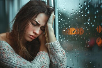 depressed woman sitting on window with rainy weather