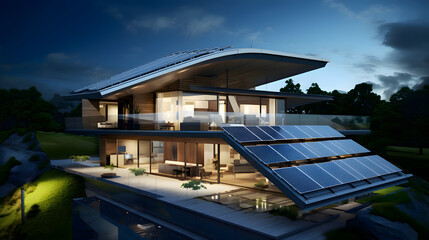 Modern house, solar panel, night time