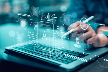 Programmer people working laptops or smartphones with AI, artificial intelligence software engineer coding on laptop computers with technology icons and binary code, big data, Ai bot digital machine