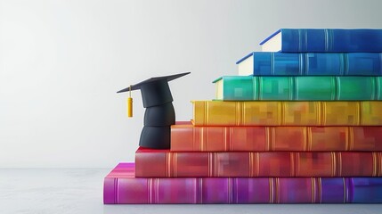Colorful books and graduation cap on white background, book creating stairway shape. Generative AI.