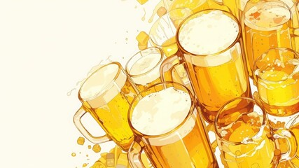 Capture the essence of International Beer Day with a colorful one-line drawing of two beer mugs on an old white background, offering ample empty space in this cartoon illustration.