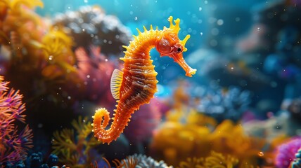 Wall Mural - Orange seahorse among colorful corals in a vibrant underwater scene