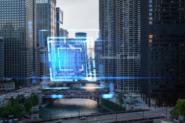 Sticker - Double exposure of Chicago cityscape with a futuristic hologram over the river, urban technology concept. Double exposure