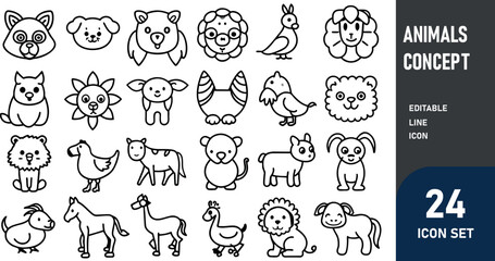 Wall Mural - Animals related concept such as Dog, cat, horse,  pig, sheep, goat, chicken, bird, fish & many more editable stroke outline icons isolated on white background flat vector illustration