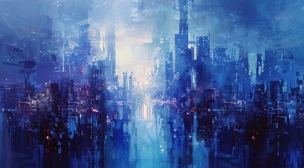 Wall Mural - modern abstract blue cityscape in the style of watercolor painting, shiny foil and metallic accents reflection on a white background. generative AI