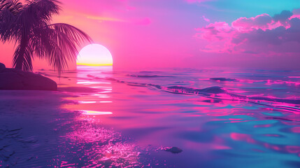3D rendering of neon summer beach at sunset. A bright pink, purple, blue and orange gradient sky with a glowing sun in the background.