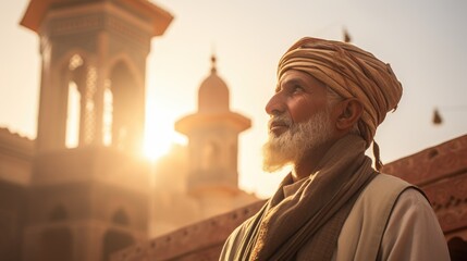 islamic call to prayer: reverent adhan by muslim man in traditional attire from mosque minaret under