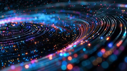 Glowing blue orange particles form glowing circular data network, information internet digital connection