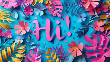 Pink Hi! text surrounded by various tropical leaves flowers on blue background, leaf