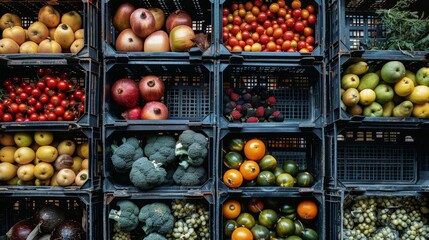 Assorted fruits and vegetables carefully packed in crates, ready for shipping, high contrast lighting, detailed textures, farm to table concept