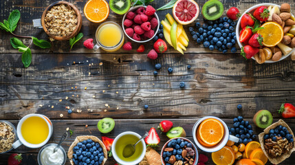 Wall Mural - A vibrant and colorful breakfast spread featuring fresh fruits, granola, and juices on a rustic wooden table. Healthy Breakfast Spread with Fruits and Granola

