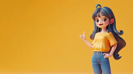 3D female character pointing something, with empty space for text, best for ads promotion.