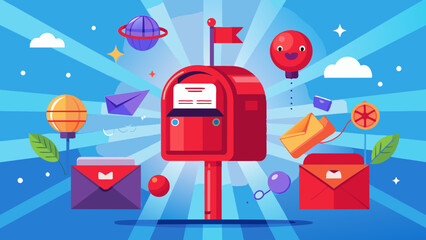 vibrant cartoon mailbox scene with floating envelopes and balloons