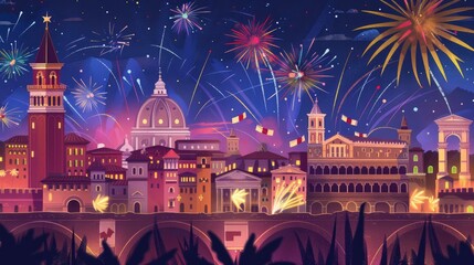 Creative Ferragosto illustration with iconic Italian landmarks, festive banners, and fireworks in the night sky, symbolizing national celebration