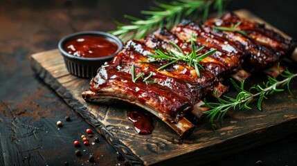 Wall Mural - Delicious grilled bbq ribs on rustic background